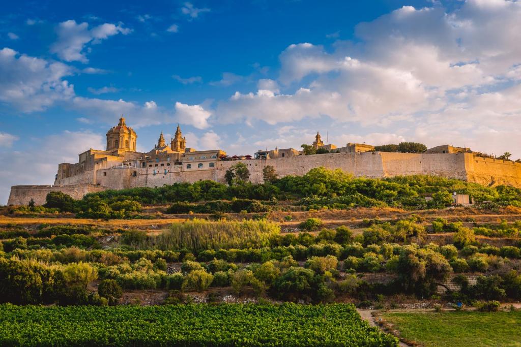 a castle on top of a hill with trees at 'Notabile' - Private Townhouse in Mdina in Mdina