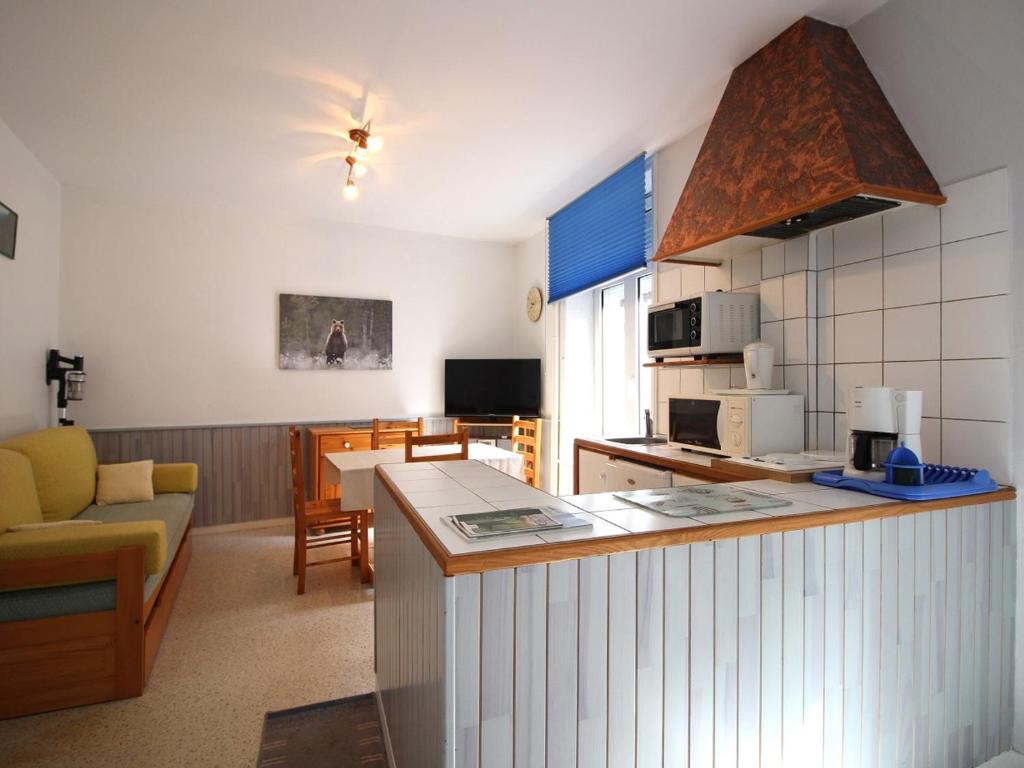 une cuisine avec un comptoir et un salon dans l'établissement Studio Mont-Dore, 1 pièce, 2 personnes - FR-1-415-148, à Le Mont-Dore