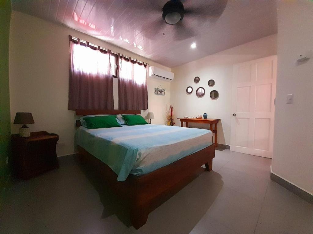 a bedroom with a bed with green sheets and a window at Casa Nelly Apartamentos in Sámara