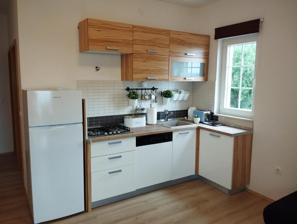 Kuchyň nebo kuchyňský kout v ubytování Apartments Gverić