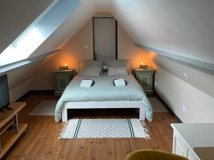1 dormitorio en el ático con 1 cama y 2 mesitas de noche en La Parenthèse Bucolique, en Aire-sur-la-Lys