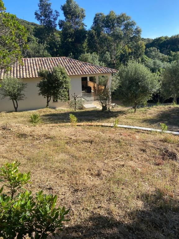 une petite maison blanche dans un champ arboré dans l'établissement Villa 4 personnes - 2 chambres - Figari, à Figari