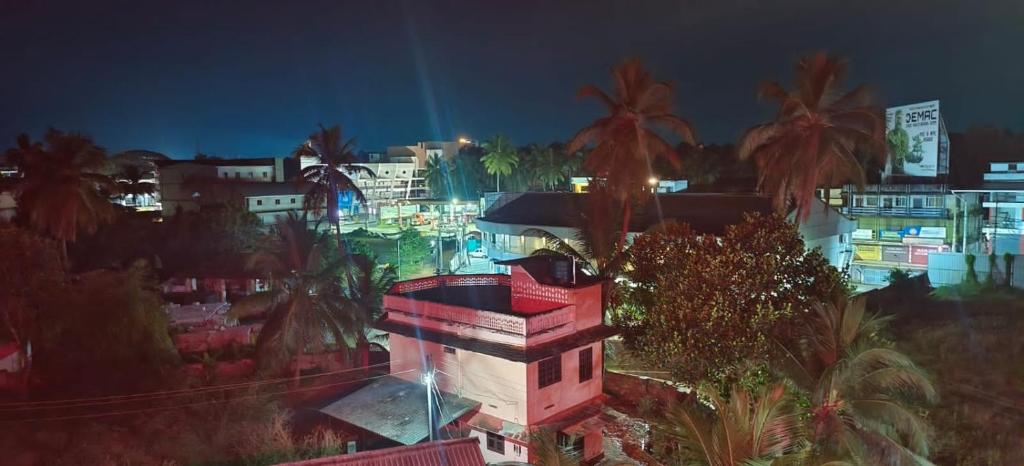 eine Stadt in der Nacht mit Palmen und Gebäuden in der Unterkunft Daffodils Residency, Manjeri, Malapuram Dist. in Manjeri