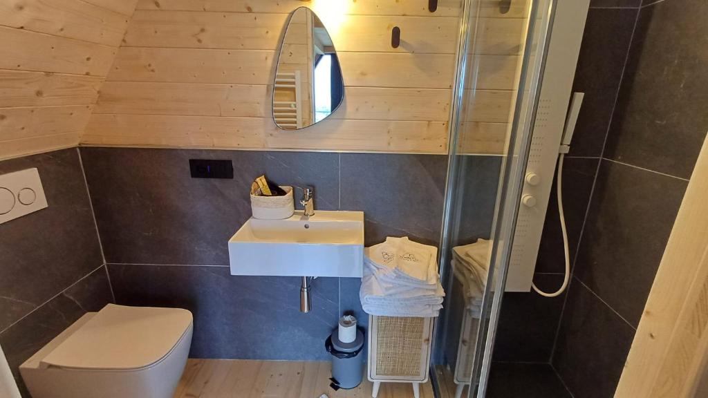y baño con lavabo, aseo y ducha. en Torretta Glamping & Relax, en Arola