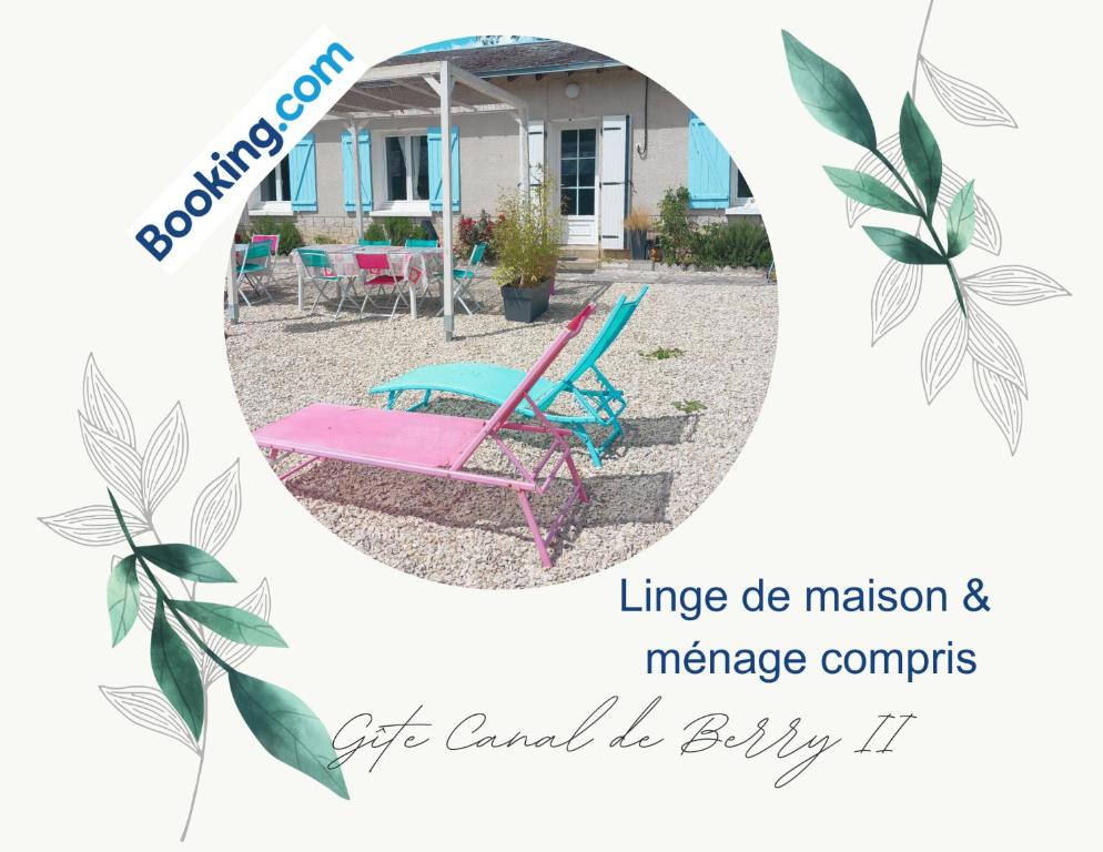 a pink and blue chair in front of a house at Gîte du Canal de Berry II in Selles-sur-Cher