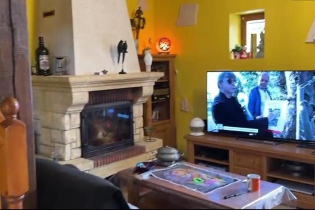a living room with a tv and a fireplace at Belle maison sur Val de Loire in Channay-sur-Lathan