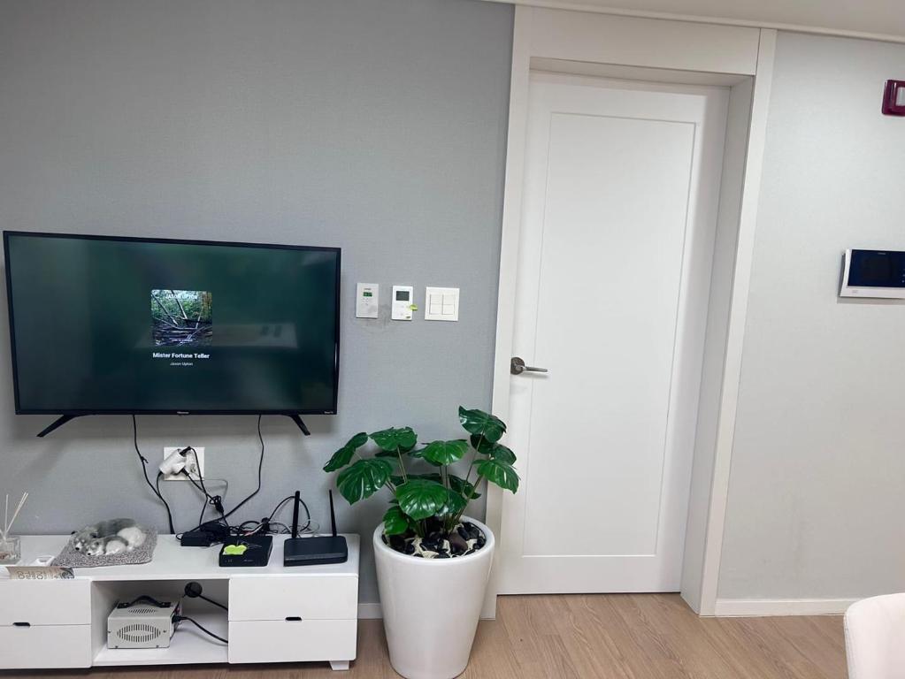 a living room with a television and a potted plant at Walking gate camp Humphreys in Pyeongtaek