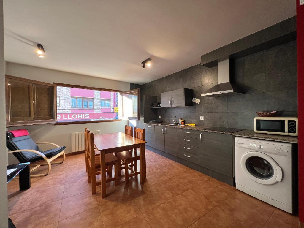 a kitchen with a table and a washing machine at La Vall Apartaments Loft in Sant Llorenç de Morunys