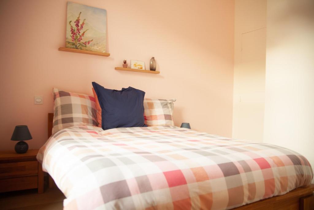 a bedroom with a bed with a checkered blanket at Le charmant cocon in La Bourboule