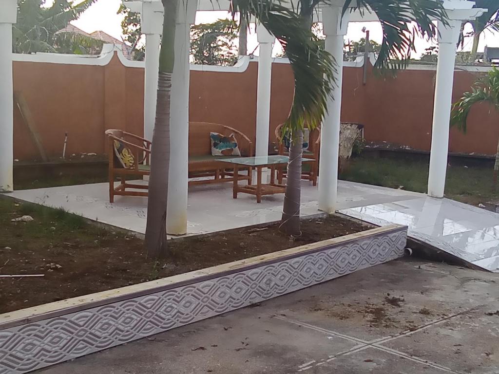 a patio with a table and a palm tree at Comfort rooms in Content