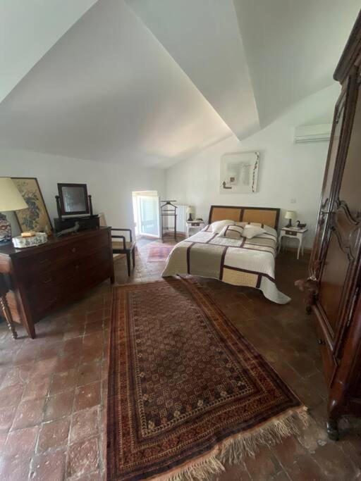 a bedroom with a bed and a rug on the floor at Maison en bord de mer en Corse Lavasina Brando in Brando