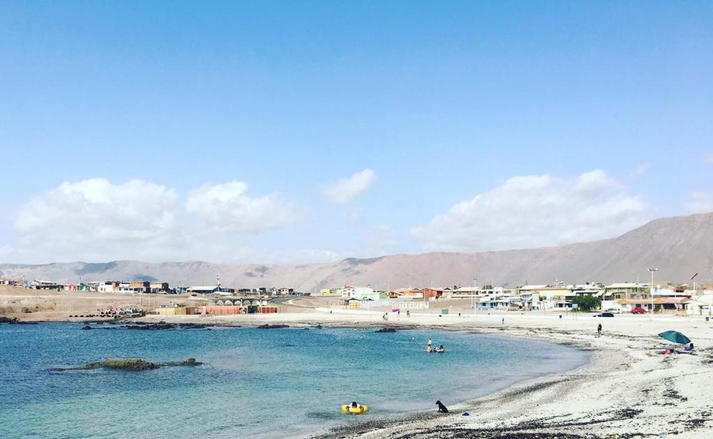 a beach with a group of people in the water at alojamiento particular playa chanavayita in Iquique
