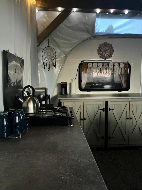 Kuchyň nebo kuchyňský kout v ubytování Glamping Karavan u Konopiště