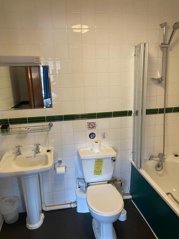 a bathroom with a toilet and a sink at The Olde Swan Hotel in Chertsey