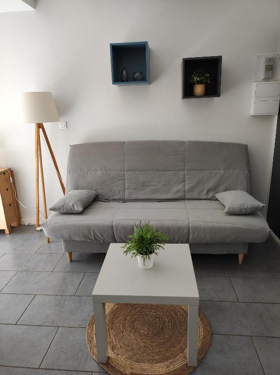 un salon avec un canapé et une table dans l'établissement F2 50m de la mer avec parking privé, à Valras-Plage
