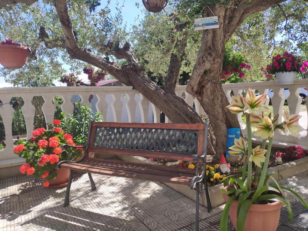 um banco de madeira ao lado de uma cerca branca com flores em Casa vacanze l'Ulivo em Rocca San Giovanni