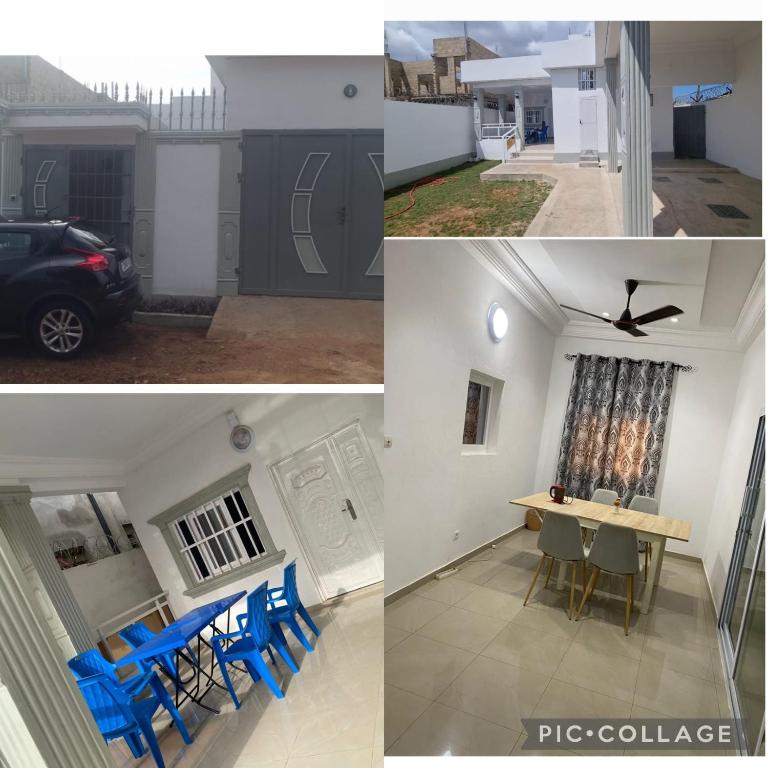 un collage de fotos de una casa con sillas azules en Belle villa, en Lomé