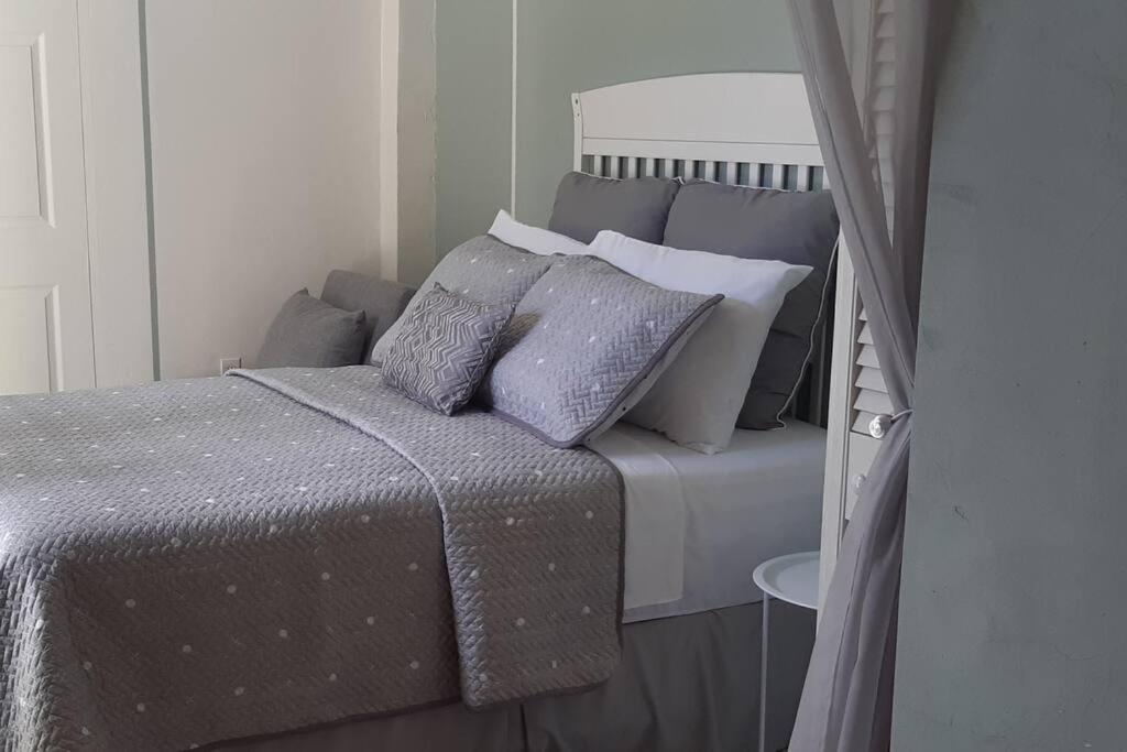 a bedroom with a bed with gray and white pillows at Gated Riverside Studio Apartment in San Juan