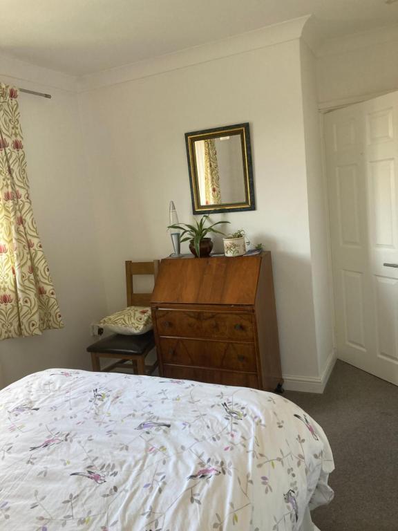 - une chambre avec un lit, une commode et un miroir dans l'établissement Home near Eaton Park near University, à Earlham