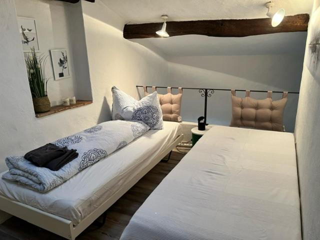 Habitación con 2 camas individuales en Caslano: 2.5 Zi-Dachwohnung im rustikalen-modernen Stil, en Caslano