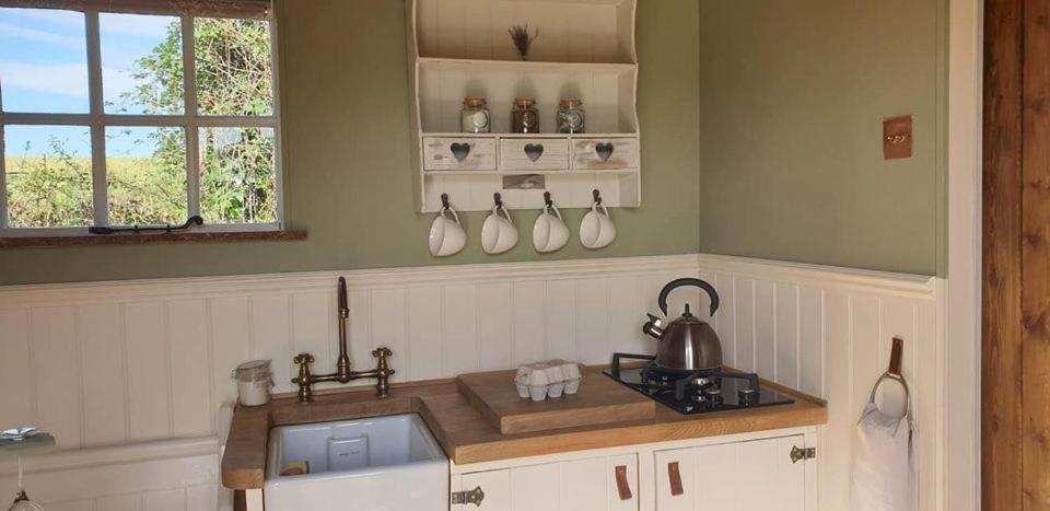 a kitchen with a sink and a counter with dishes at Hut Haf in Talacre