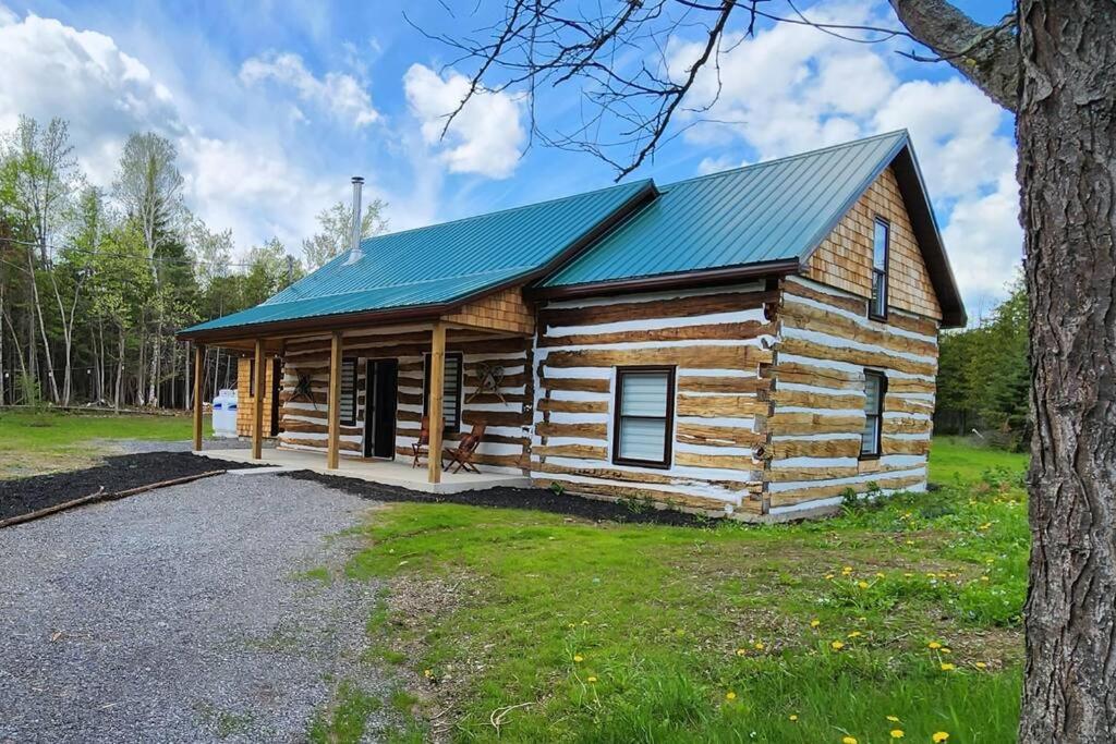 uma cabana de madeira com um telhado de estanho azul em Cottontail Cabin with Hot Tub and wood fired Sauna em Merrickville