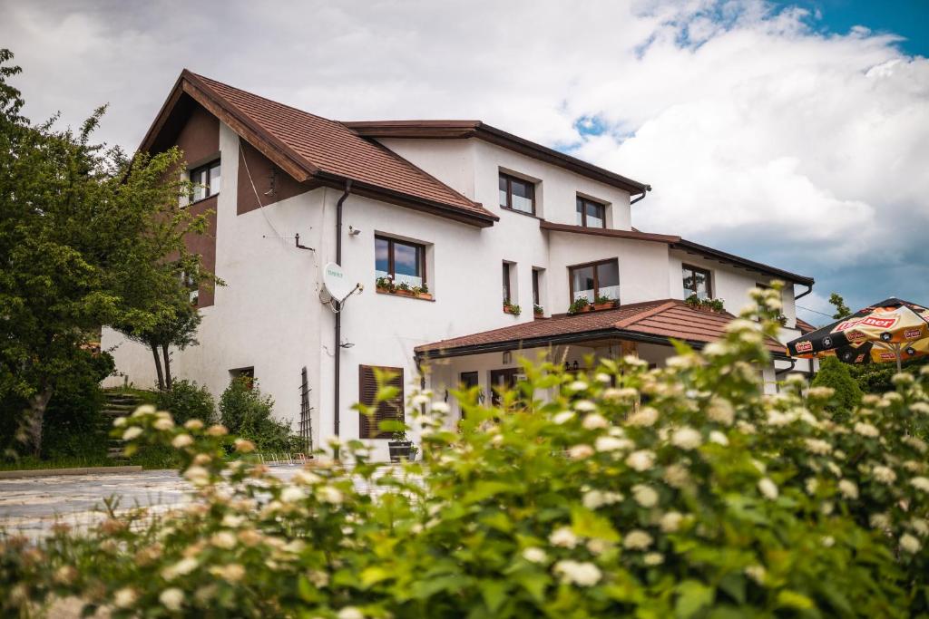 Casa blanca grande con techo marrón en Penzion u Hanky, en Telgárt