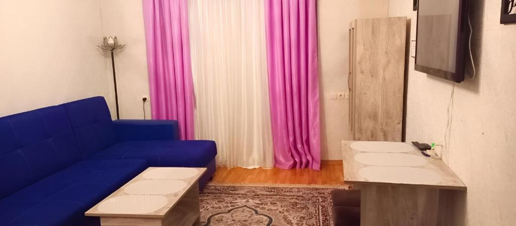NIZAMI Street flat في باكو: غرفة معيشة مع أريكة زرقاء وستائر وردية
