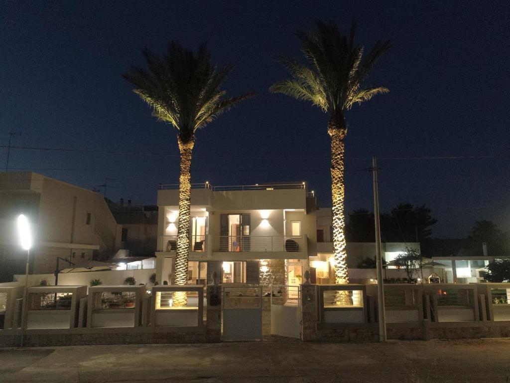 two palm trees in front of a house at night at A casa di Sofia in Porto Cesareo
