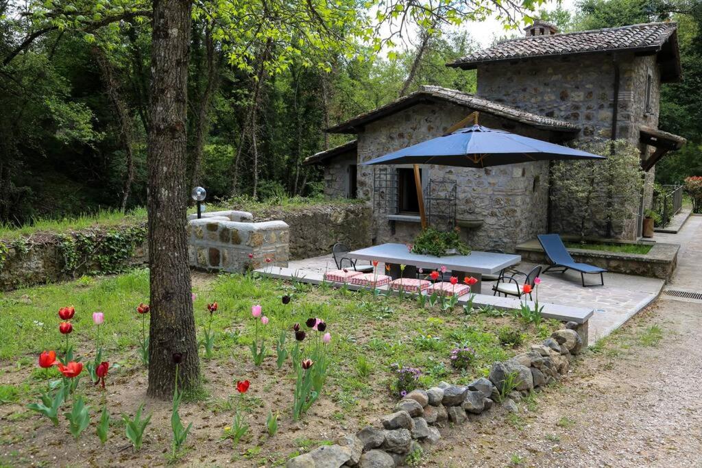 a garden with a table and an umbrella and flowers at Casale Il Mulino con piscina Viterbo Bagnoregio in Celleno