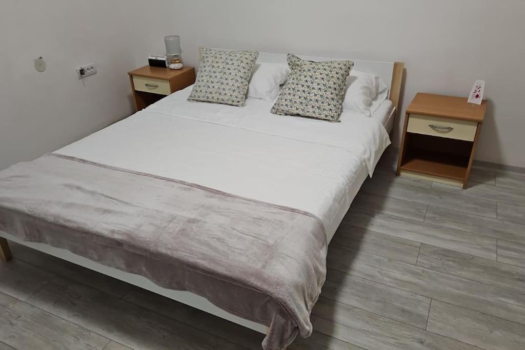 een slaapkamer met een groot bed met 2 nachtkastjes bij Apartman Kućica u cveću in Jagodina