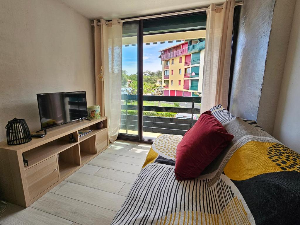 Zimmer mit einem Bett, einem TV und einem Fenster in der Unterkunft Appartement idéalement placé face au lac in Soustons