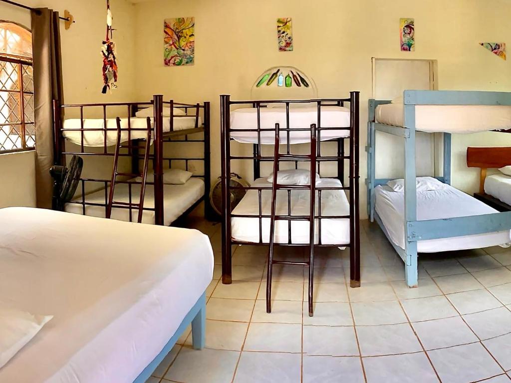 Zimmer mit 3 Etagenbetten und einem Zimmer mit in der Unterkunft Hostalito Lahar in Bacalar