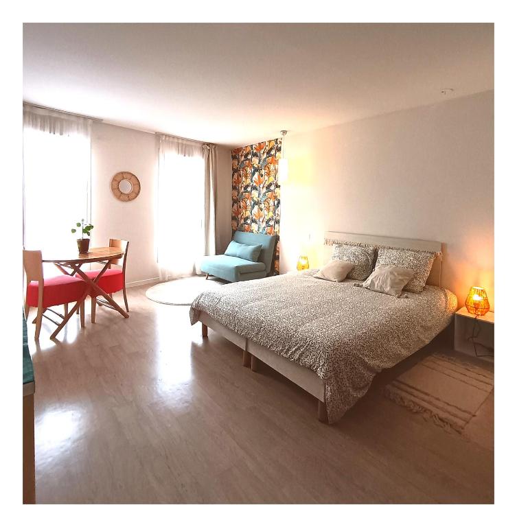 une chambre avec un lit, une table et une chaise dans l'établissement Studio Chemin Bleu, à Lourdes