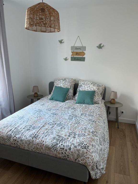 een slaapkamer met een bed met blauwe kussens bij Casa Nella, centre et parking, madamedemconciergerie in Reims