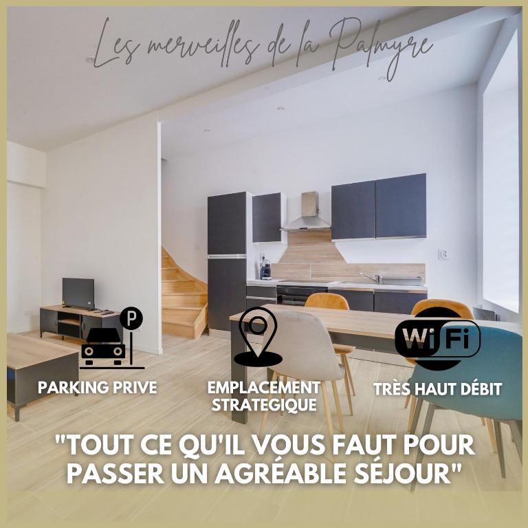 une image d'un salon avec les mots nos locations d'une résidence d'appartements dans l'établissement Les merveilles de la palmyre, à Saint-Ciers-sur-Gironde