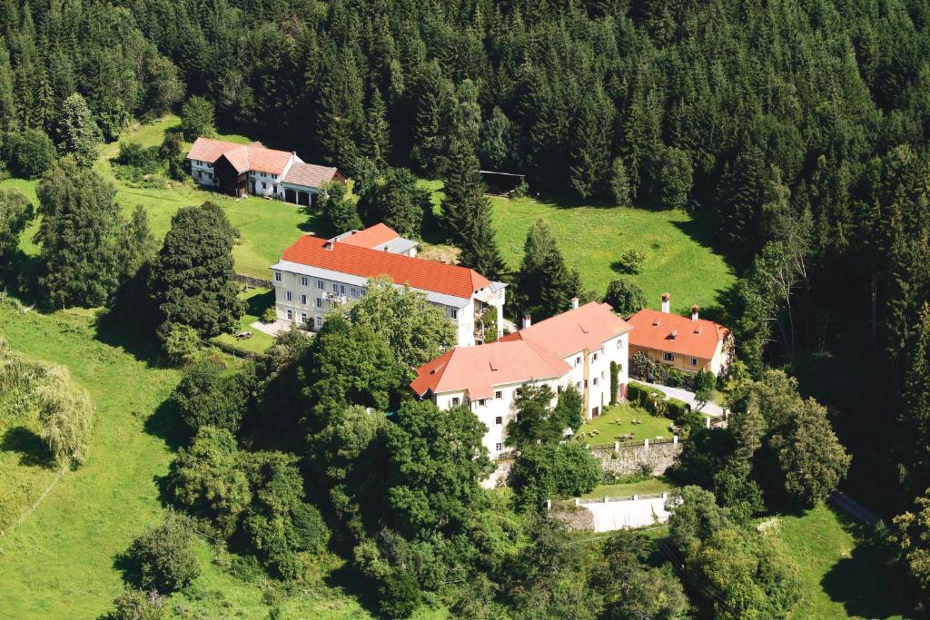 una vista aérea de una casa en una colina con árboles en Hotel Landsitz Pichlschloss, en Neumarkt in Steiermark