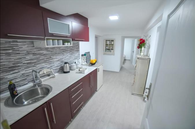 a kitchen with a sink and a refrigerator at Hostel Tuzla in Tuzla