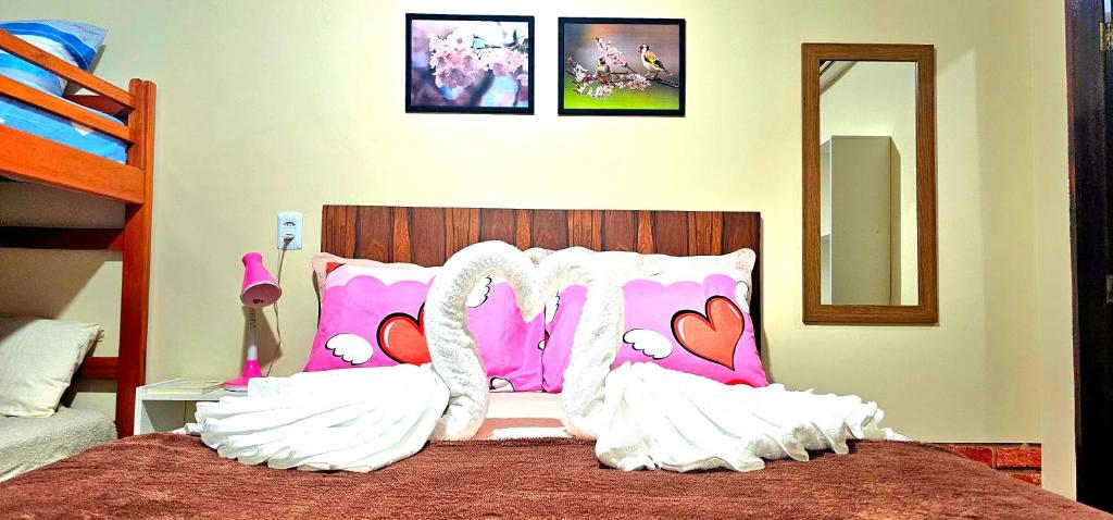 Hotel Cida Flats - Apartamento Charmoso com 300 Mbps في بوا فيستا: غرفة نوم مع سرير مع وسائد وردية وبيضاء