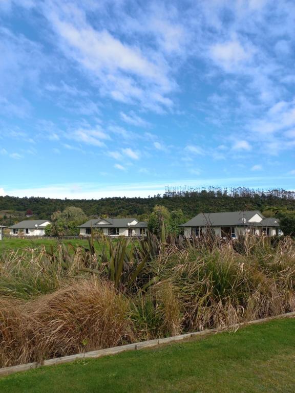 une rangée de maisons dans un champ avec de l'herbe haute dans l'établissement Karamea River Motels, à Karamea