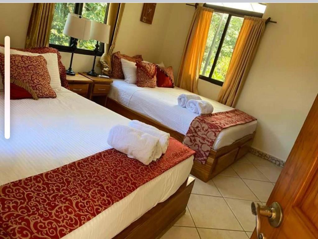 ein Hotelzimmer mit 2 Betten und einem Fenster in der Unterkunft Enchanted Monkey Apartment in Quepos