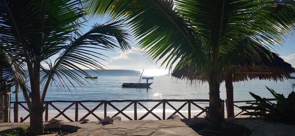 a boat in the water with two palm trees at Villa Sunshine House ZANZIBAR in Jambiani