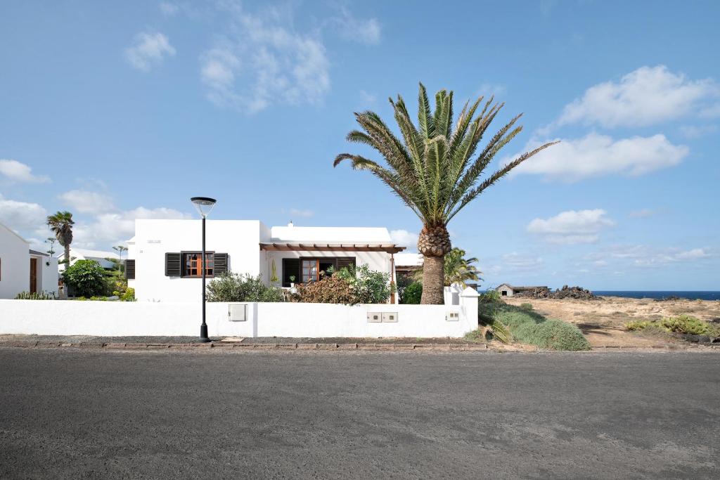 a white house with a palm tree and the ocean at Casa Aloe in Haría