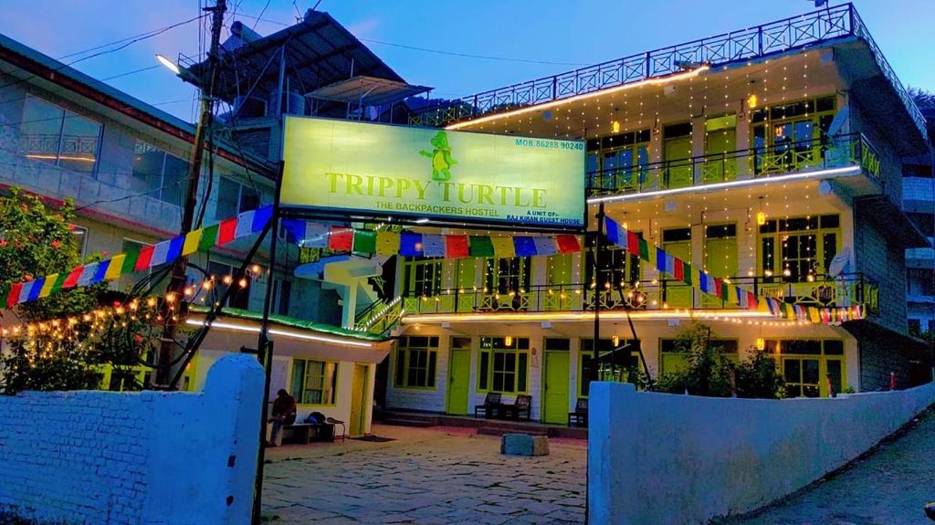 馬拉里的住宿－Trippy Turtle Hostel，一座有读书快乐龟的标志的建筑