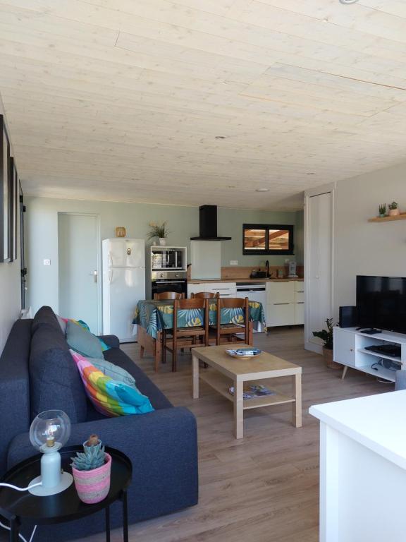 a living room with a blue couch and a table at chalet la rose des sables in Labenne