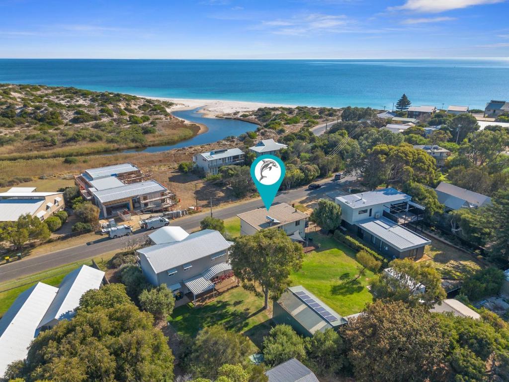 an aerial view of a town with a hot air balloon at Carrickalinga SeaHaven in Normanville