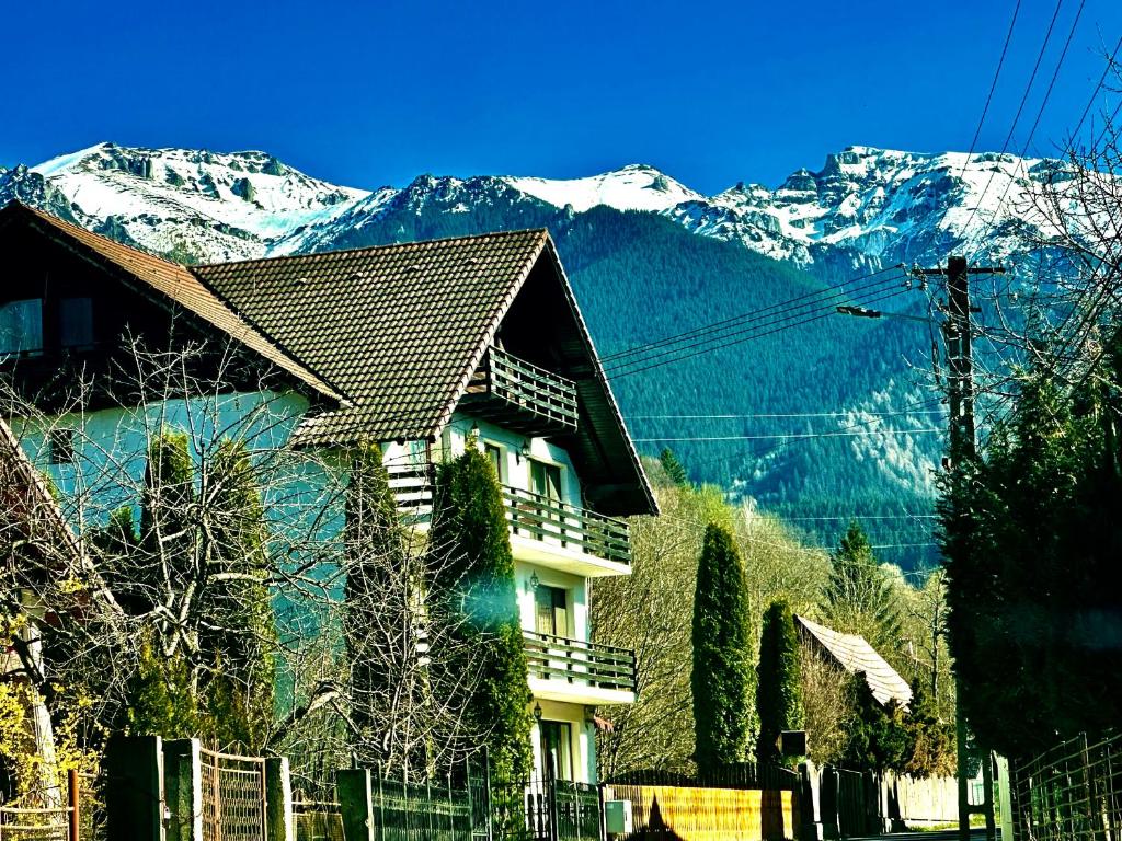 a house with snow covered mountains in the background at Pensiunea Casa Beatrice Bran in Bran