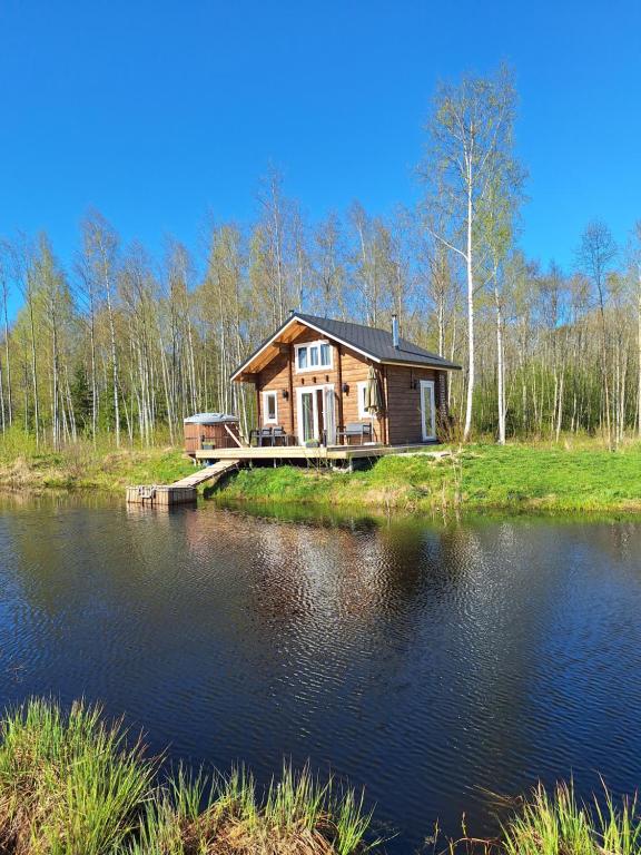 une maison en bois au bord d'un lac dans l'établissement Metsavahi puhketalu, 