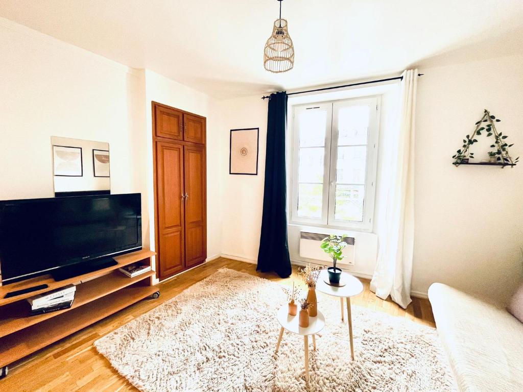a living room with a television and a window at COSY STUDIO in the center of Fontainebleau in Fontainebleau