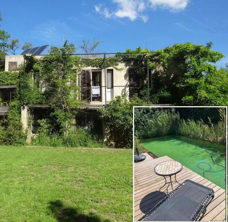 dos fotos de un patio con una casa y una piscina en Version Sud- Villa avec piscine végétal, en La Valette-du-Var